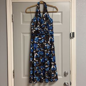Donna Morgan Brown White Blue Rose Floral Halter Dress‎ 8